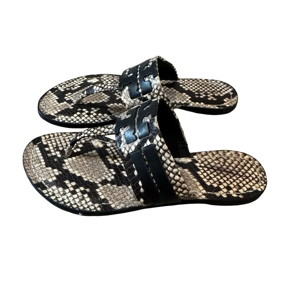 Tory Burch Leigh Snakeskin Print Leather Thong Sandals Roccia Size 7